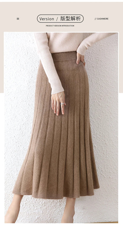 High-end 2022 Autumn/Winter New 100% Pure Wool Women's Thick Warm Elegant Pleated Skirt Fashion A Line Knitted Skirt 4 Colors