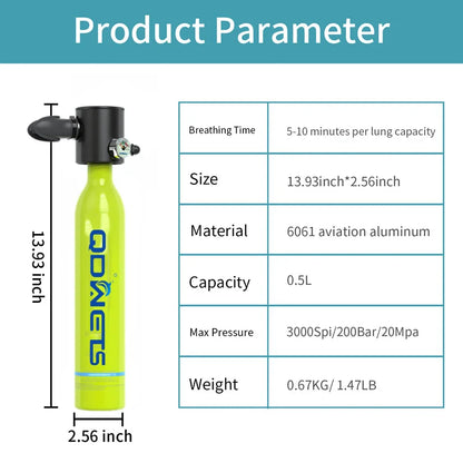 0.5L Mini Scuba Dive Tank,  with 5-10 Minutes of Backup Air, Mini Scuba Dive Cylinder &  Scuba Diving Oxygen Tank with Hand Pump