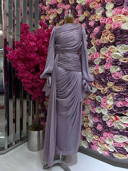 Fashion Lantern Sleeves Autumn Party Dress 2025 Elegant Solid Color Lace Up Dress Ladies O-neck High Waisted Pleated Long Dress