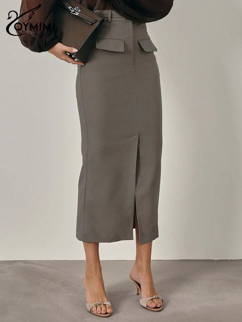 Oymimi Fashion Khaki Slim Skirts For Women Elegant High Waisted Zipper Solid Skirts Casual Pocket Straight Mid-Calf Skirt Female