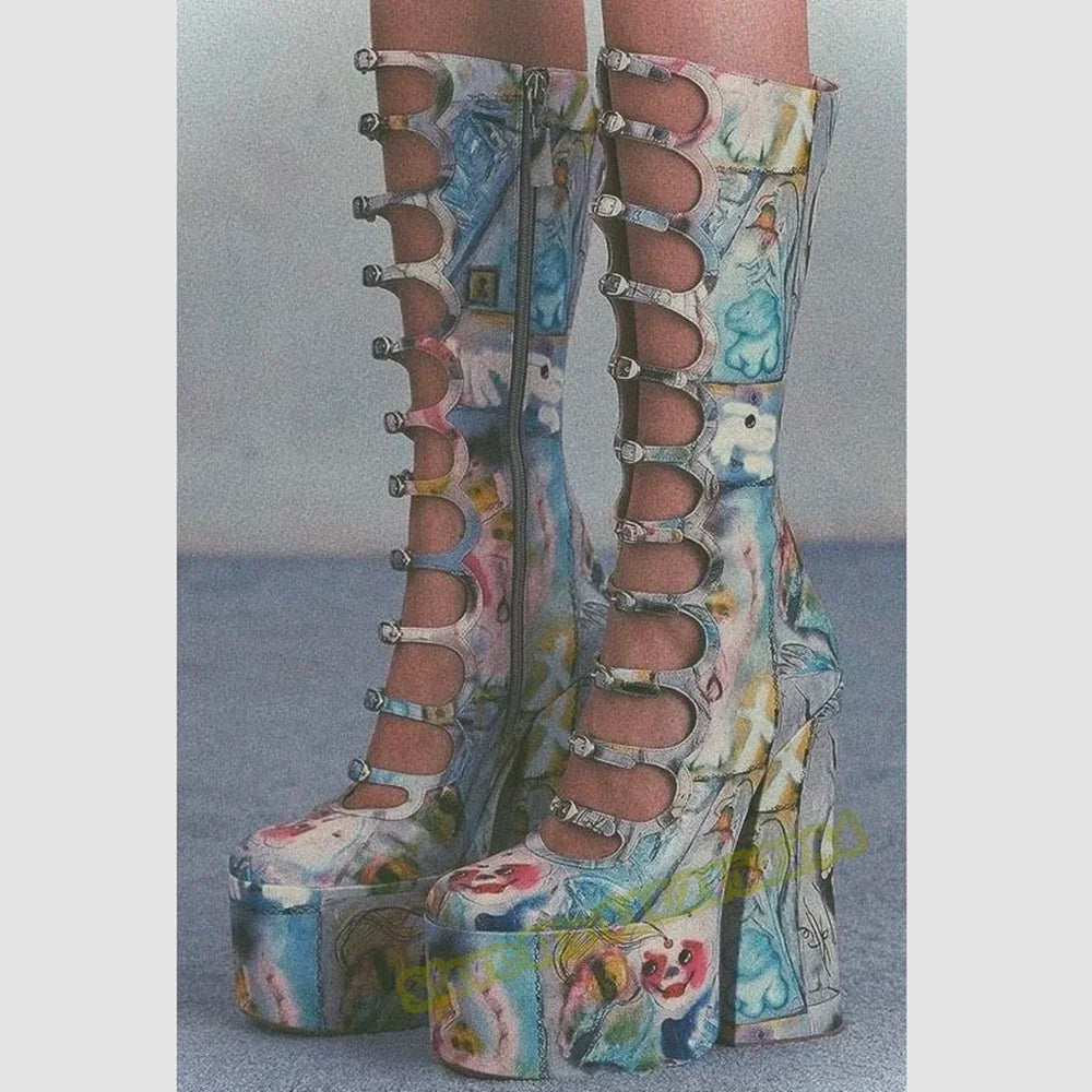 Crystal Bling Knee High Sandals Boots Thick Sole Platform Chunky High Heels Solid Buckles Straps Sandals Women Sexy Shoes Summer