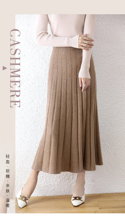 High-end 2022 Autumn/Winter New 100% Pure Wool Women's Thick Warm Elegant Pleated Skirt Fashion A Line Knitted Skirt 4 Colors