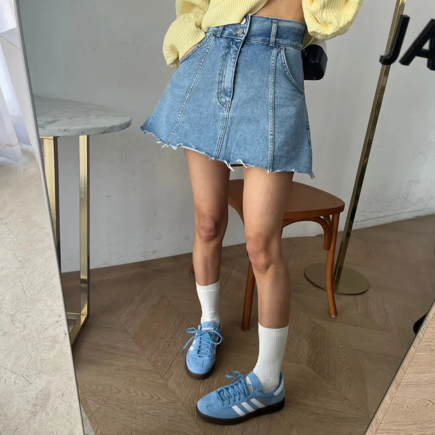 Chic High Waist A-Line  Skirt Women's Jeans ort Skirt Spring Vintage Slimming Splicing Hemming Girl's Faion Commute