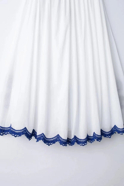 HH Blue Floral Embroidery Skirt For Women Fashion Casual Loose Elastic Waist Skirt Pleated Woman High Waist Midi Skirts