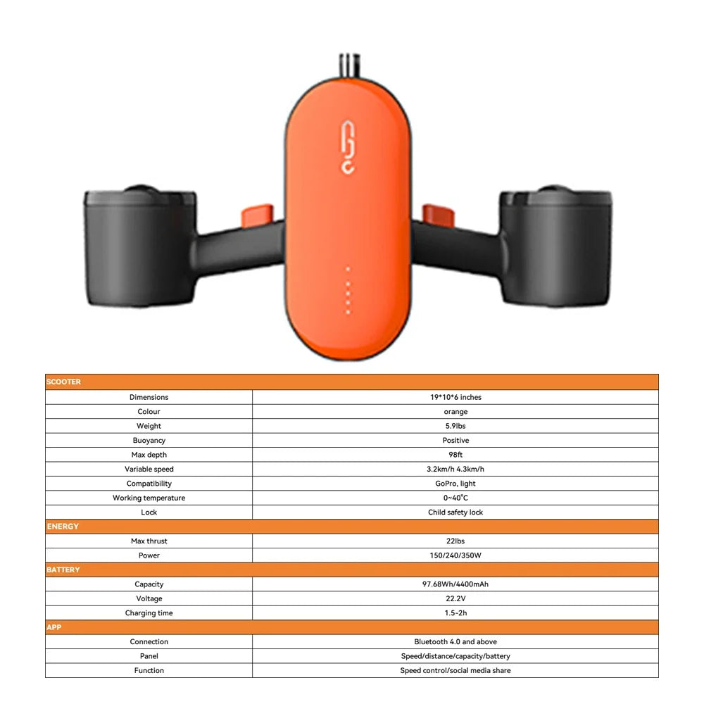 High Speed Electric Under Water Motor Scooter 1.2m/s Electric Underwater Thruster Sea Scooter for Diving Snorkeling