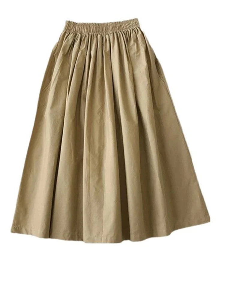 2025 New Casual Elegant High Waist A Line Skirts Women Solid Color Long Skirt Fashion Pockets Pleated Knee Length Skirts Autumn