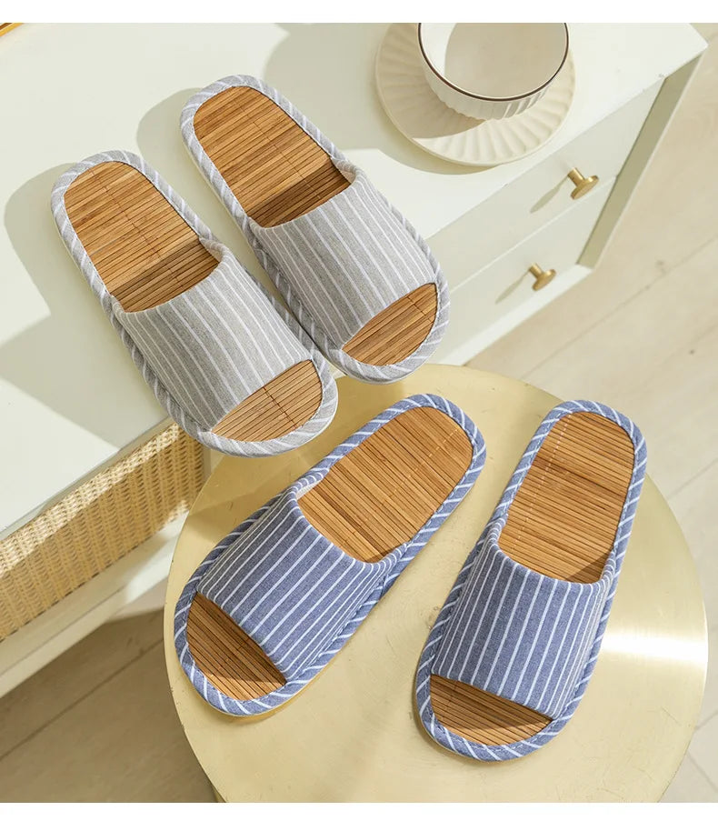 Striped Slippers Bamboo Women Autumn Home Couples Indoor House Non Slip Funny Sandals Shoes Male Soft Flat Summer For Tatami