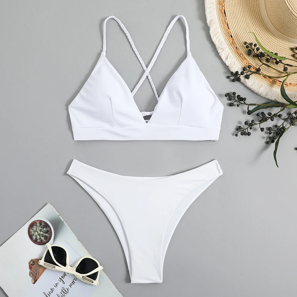 2026 V Neck Two Piece Solid Bikini Back String Women Swimwear Female Swimsuit Bathers Bathing Swimming Suit Beachwear Summer
