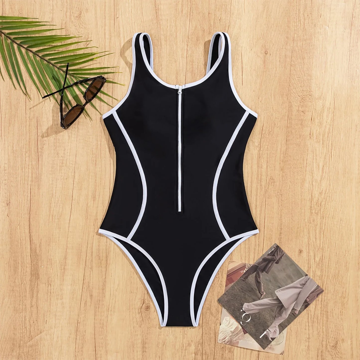 Ladies One-Piece Swimwear Contrast Color Zipper Sport Bathing Suits Slim Fit Belly Covering Bikini 1 Piece Competitive Swimsuits