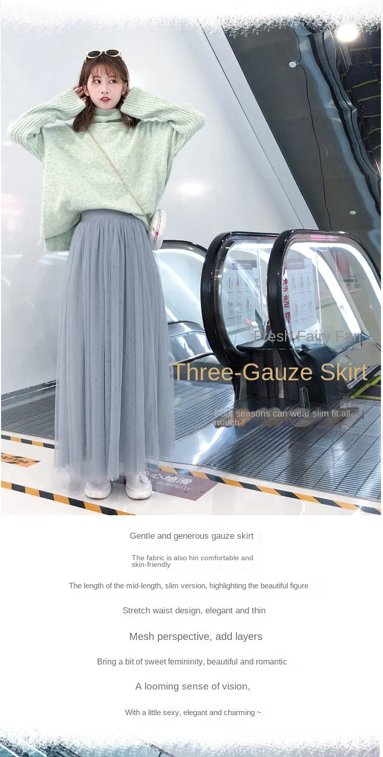 Women Mesh Elastic Tutu Skirt Beach Spring Summer Korean High Waist Fashion Pleated Long Skirt Black White Tulle Skirts LSK010