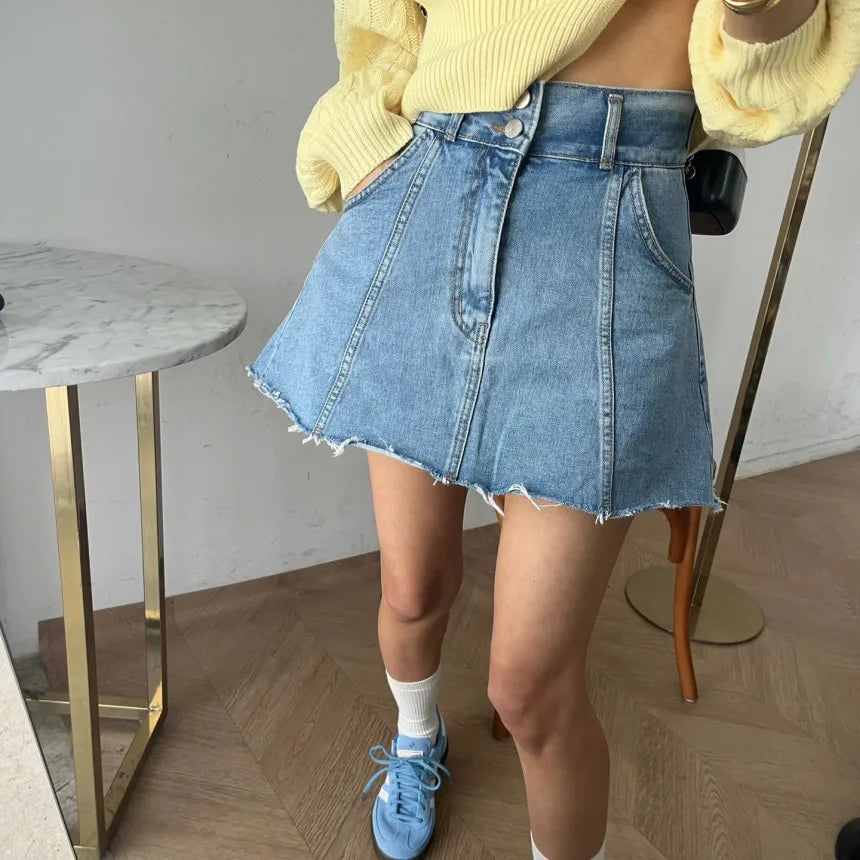 Chic High Waist A-Line  Skirt Women's Jeans ort Skirt Spring Vintage Slimming Splicing Hemming Girl's Faion Commute