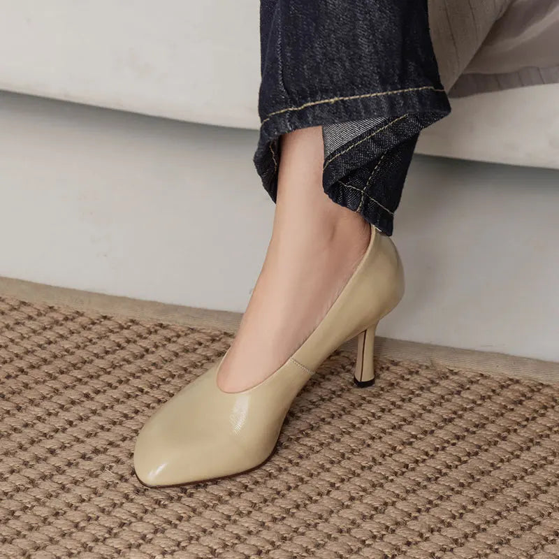 Woman Shoes Sexy Heeled For Retro Pumps French Style Leather Pumps Slip On European Spring High Heels Handmade Vintag Dress Pump