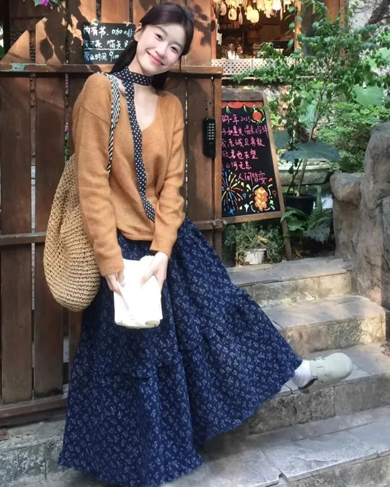 New Elegant Dark Blue Floral Women High-Waisted Retro Blue Floral Skirt Female A-line Skirt Casual Lazy Wind Long Skirt