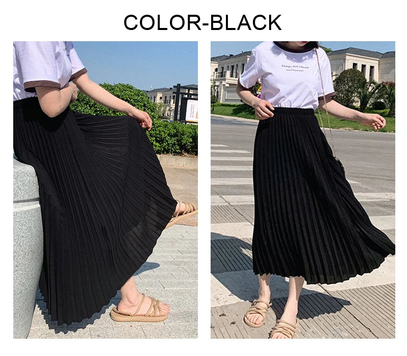Womens Chic Pleated Swing Long Skirt with Liner Korean Fashion Kawaii Elastic High Waist OL Chiffon Shirring Mermaid Skirts K77