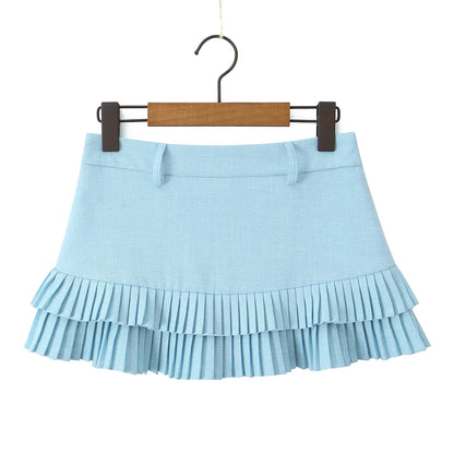 Summer Clothes Tweed Pleated Skirt Women Black Mini Skirts For Woman Preppy Low Waist Pleated Layered Casual Short Skirts Blue