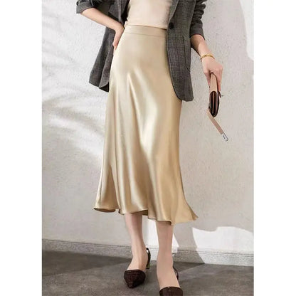 Fashion Oversized Women Clothing Satin Skirts Summer Temperament Solid Color High Waist A-line Skirt Female Simplicity Skirt