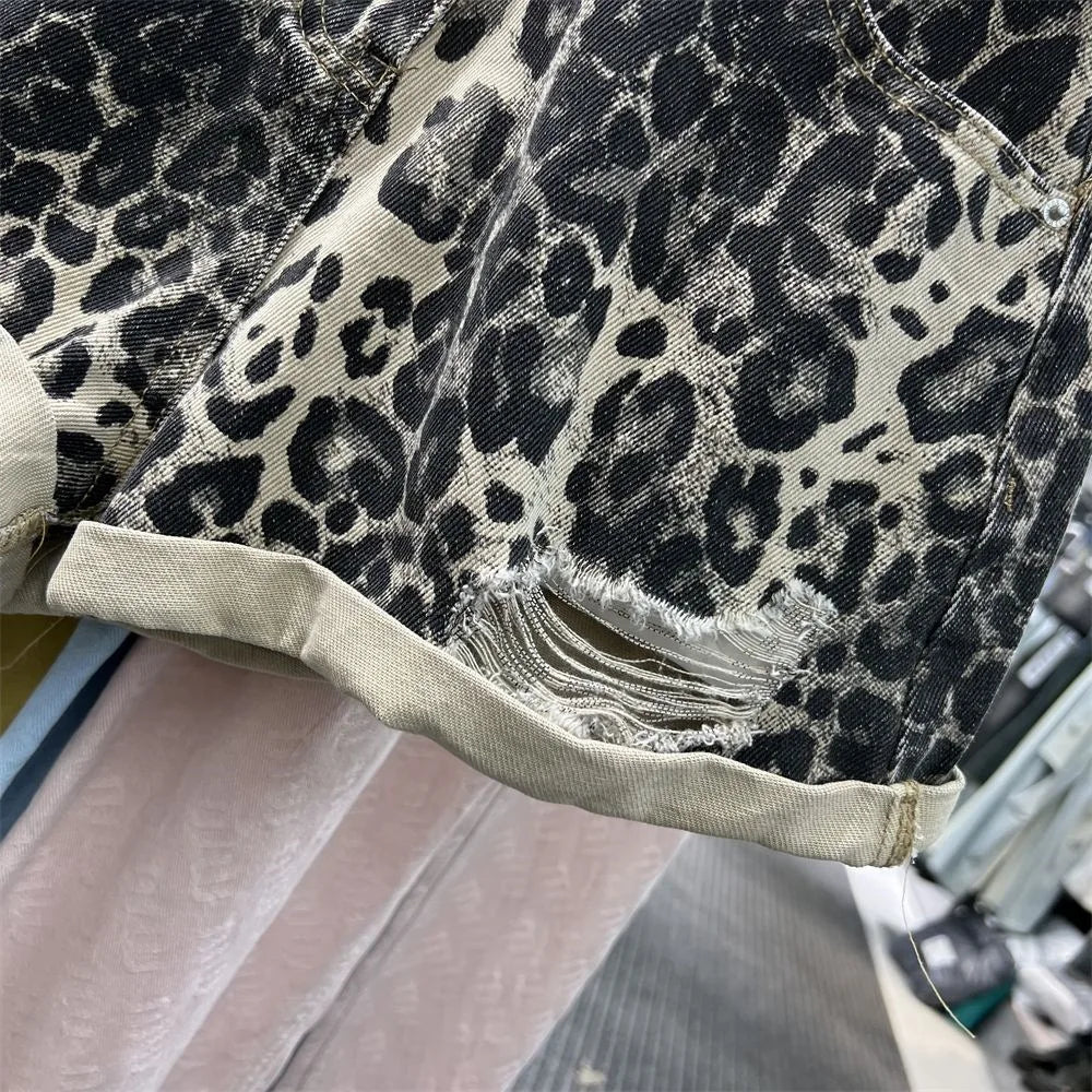 Vintage Broken Holes American-style Denim Shorts Women Casual High Waist Sexy leopard print Female Summer Baggy wide-legged hot
