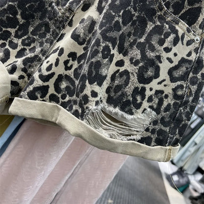 Vintage Broken Holes American-style Denim Shorts Women Casual High Waist Sexy leopard print Female Summer Baggy wide-legged hot