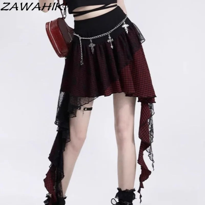 Y2K Skirts for Women Japanese Sweet Harajuku Mujer Faldas Punk Irregular Aesthetic Skirt Gauze Patch Plaid Vintage Faldas