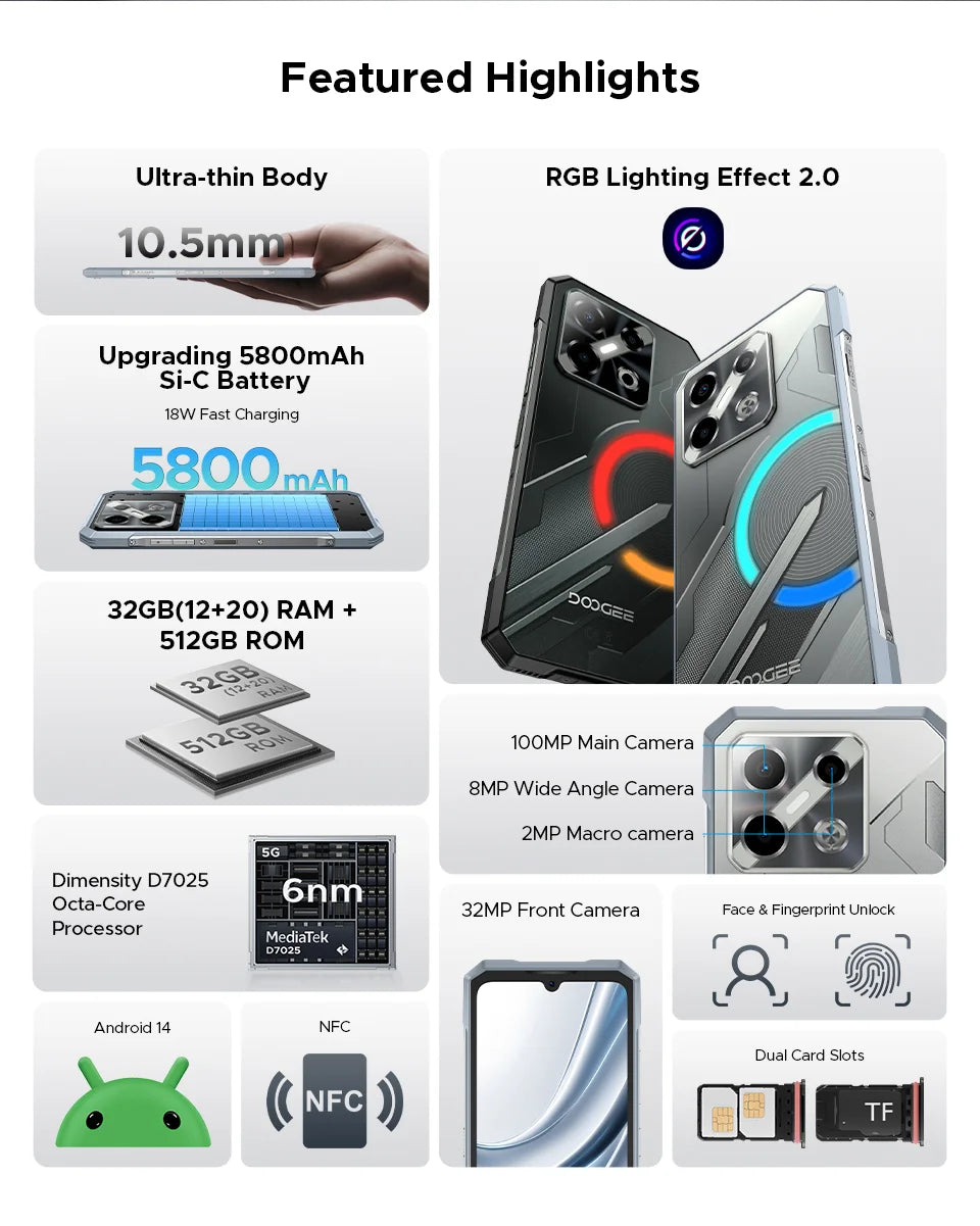 World Premiere DOOGEE Blade GT Pro 5G Rugged Phone LED Light Effect 12GB 512GB 10.5mm Ultra-thin 100MP AI Camera 5800mAh Battery
