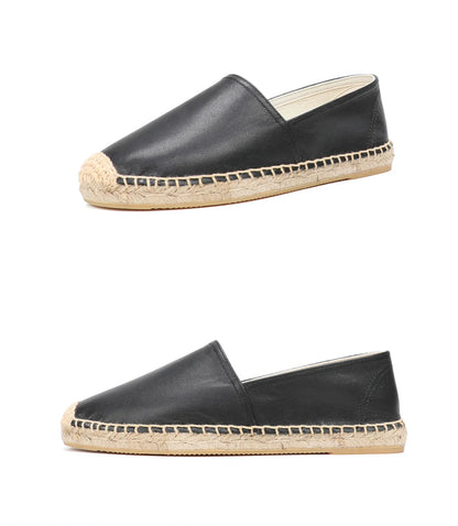 Casual Espadrilles Flat Cow Leather Shoe for Women Slip-on Rubber Ballet Flats
