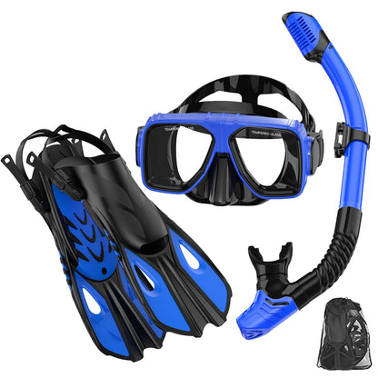 Diving Mask Fin Snorkel Set for Adult Panoramic View Snorkel Mask Adjustable Dive Flipper Dry Top Snorkel and Travel Bag