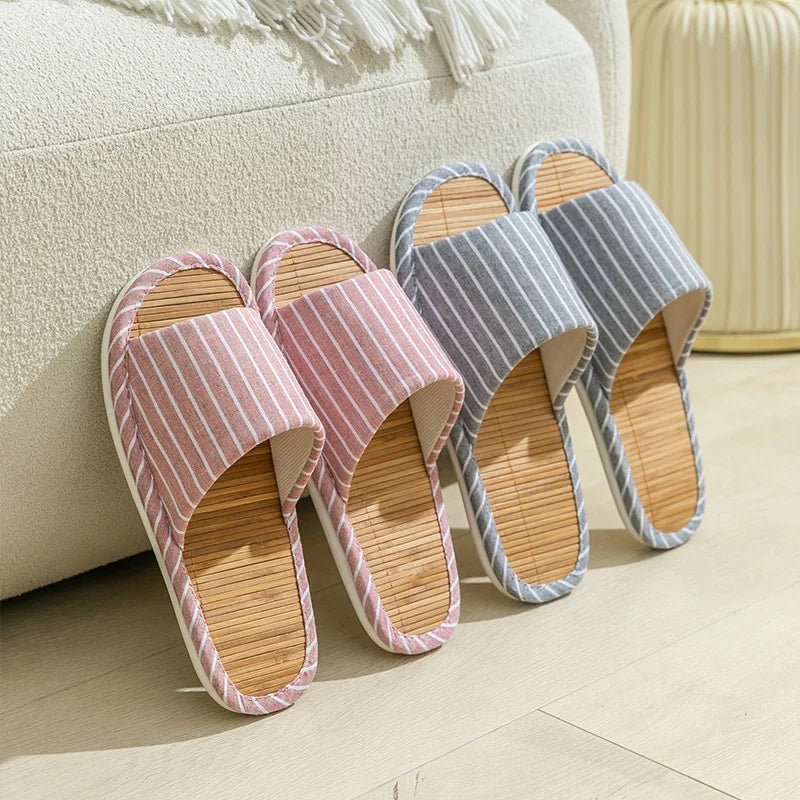 Striped Slippers Bamboo Women Autumn Home Couples Indoor House Non Slip Funny Sandals Shoes Male Soft Flat Summer For Tatami