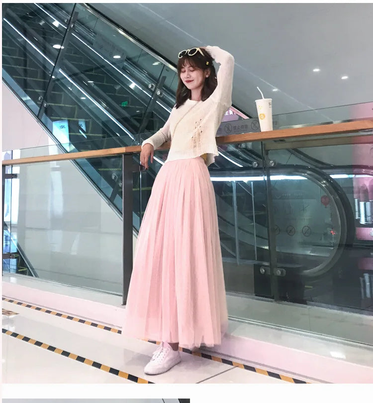Women Mesh Elastic Tutu Skirt Beach Spring Summer Korean High Waist Fashion Pleated Long Skirt Black White Tulle Skirts LSK010
