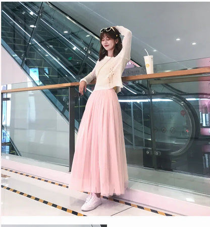 Women Mesh Elastic Tutu Skirt Beach Spring Summer Korean High Waist Fashion Pleated Long Skirt Black White Tulle Skirts LSK010