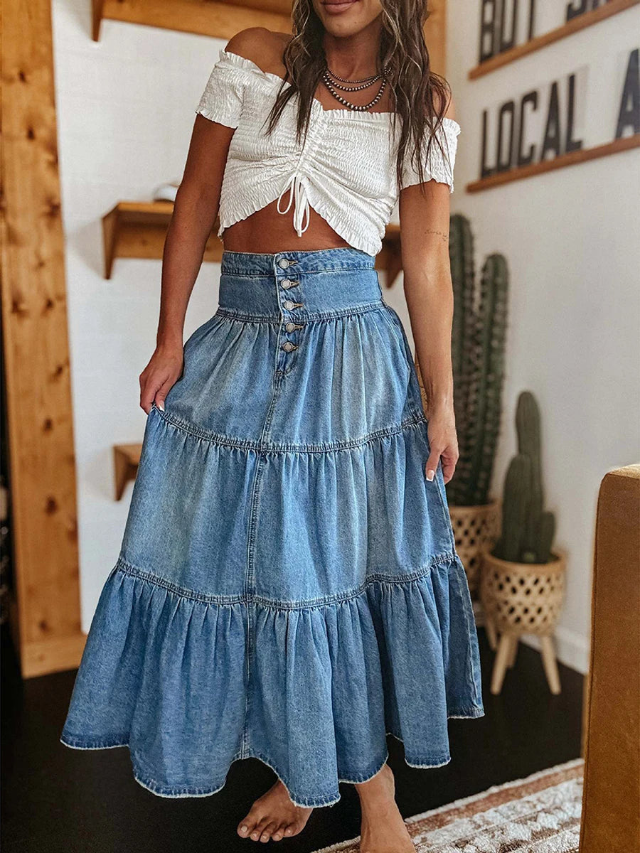 Womens A-Line Denim Long Skirts High Waist Ruffled Hem Midi Denim Skirt Stretchy Button Denim Maxi Skirt Streetwear