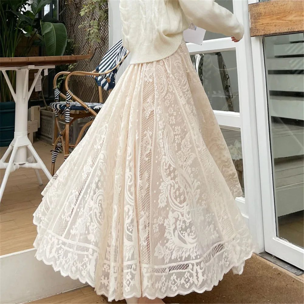 Elegant High Waist Black Big Swing Tulle Skirt Autumn Women'S Lace Mesh Long Skirt Korean Loose All Match Pleated Skirt Clothes