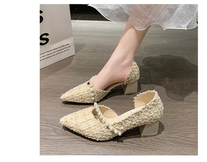 Woman Sexy High Heels New Elegant Wedding Dress Shoes Ladies Shallow Office Party Shoes Tweed Style Side Hollow Single Shoes