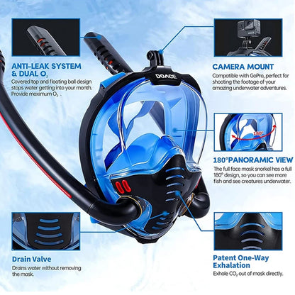 Adult panoramic anti-fog diving mask dry top system snorkeling mask, full face snorkeling mask, adult snorkeling equipment, divi
