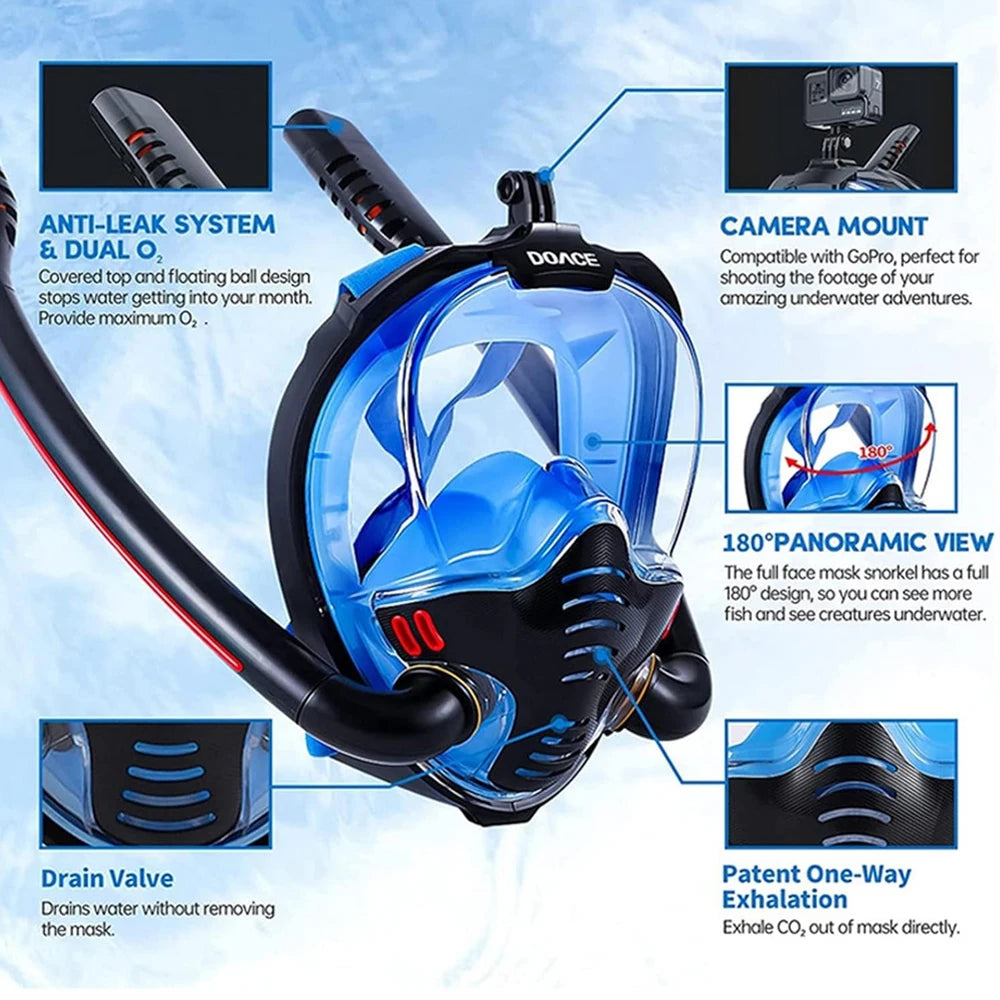 Adult panoramic anti-fog diving mask dry top system snorkeling mask, full face snorkeling mask, adult snorkeling equipment, divi