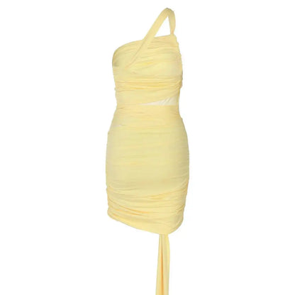 Avrilyaan Mesh Patchwork Backless Sexy Dress Women 2025 Nightclub Party Dress One-Shoulder Ruched Bodycon Mini Summer Dress
