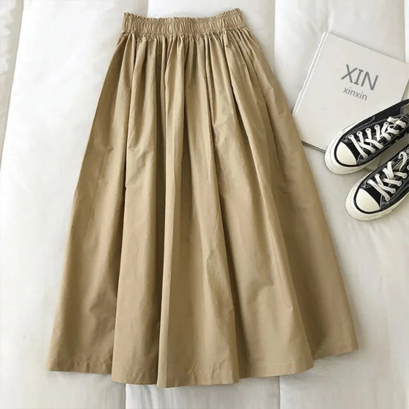 2025 New Casual Elegant High Waist A Line Skirts Women Solid Color Long Skirt Fashion Pockets Pleated Knee Length Skirts Autumn