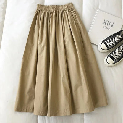 2025 New Casual Elegant High Waist A Line Skirts Women Solid Color Long Skirt Fashion Pockets Pleated Knee Length Skirts Autumn