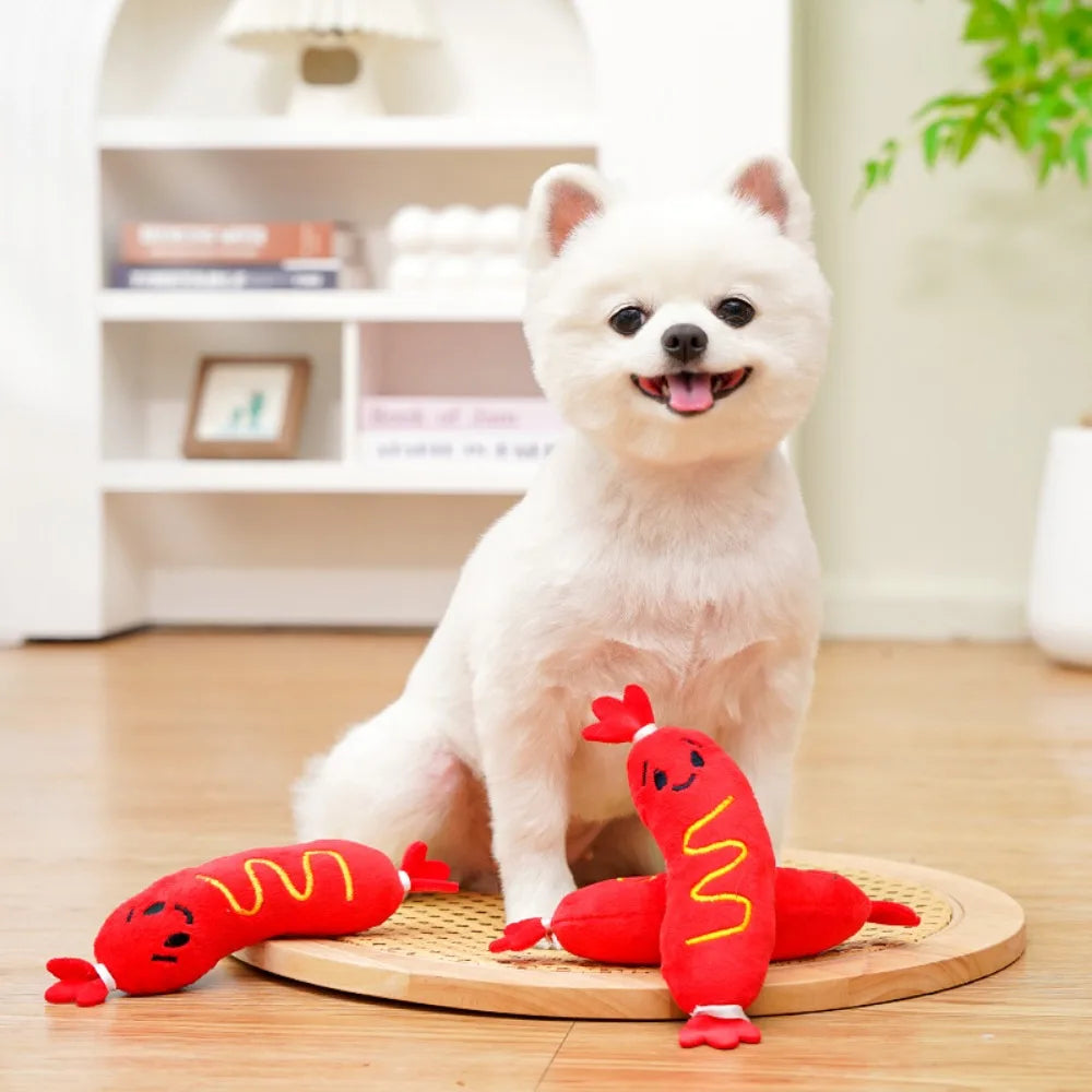 Dog Sound Plush Toy Hot Dog Chewing Toy Pet Grinding Teeth Squeaky Plush Toy Puppy Bite-resistant Interactive Chew Toy ﻿