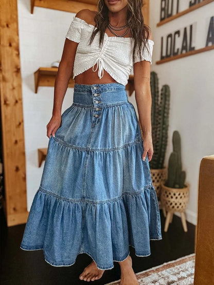 Womens A-Line Denim Long Skirts High Waist Ruffled Hem Midi Denim Skirt Stretchy Button Denim Maxi Skirt Streetwear