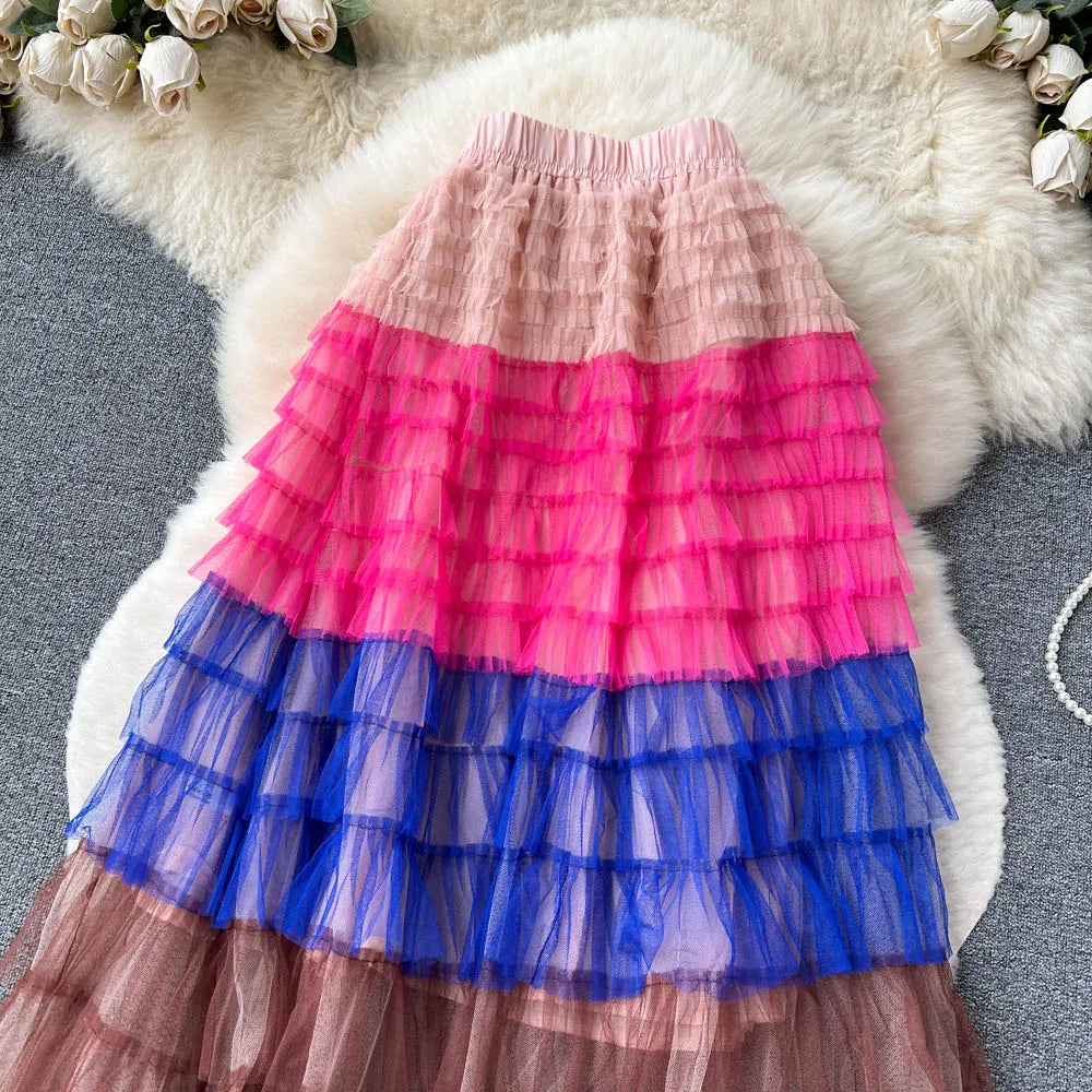 Voille Skirts Women Gradient Y2k High Waist Elastic Jupe Ladies Tulle Mujer Faldas Ruffles Long Female Mesh Skirt Dropshipping