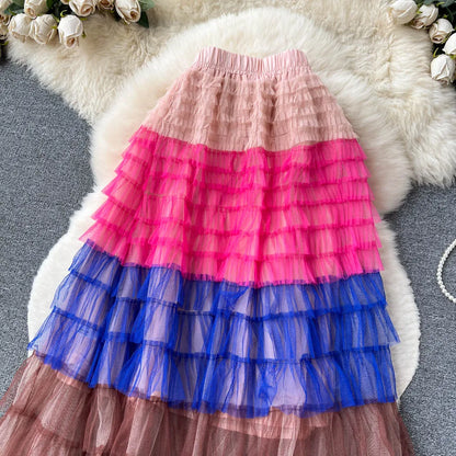 Voille Skirts Women Gradient Y2k High Waist Elastic Jupe Ladies Tulle Mujer Faldas Ruffles Long Female Mesh Skirt Dropshipping