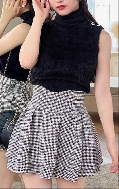 Japanese Lolita Skirts Ruffled Pleated Plaid Skirt Women 2025 Spring New Elastic High Waist Slimming Gentle Mini Skirt Culottes