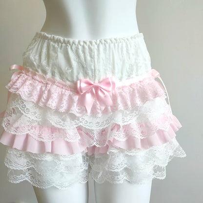 Cute Shorts Women Summer Bow Decoration Pink Lace Patchwork Elastic Waist Lolita Multilayer Bottoming Shorts for Sweet Girls