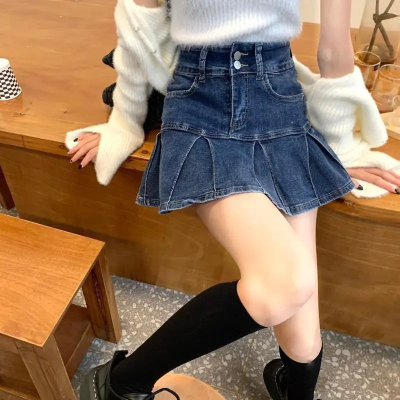 High-Waisted Denim Skirt Women's New Pleated Retro Blue Skinny A-line Flanged Wrap Hip Skirt