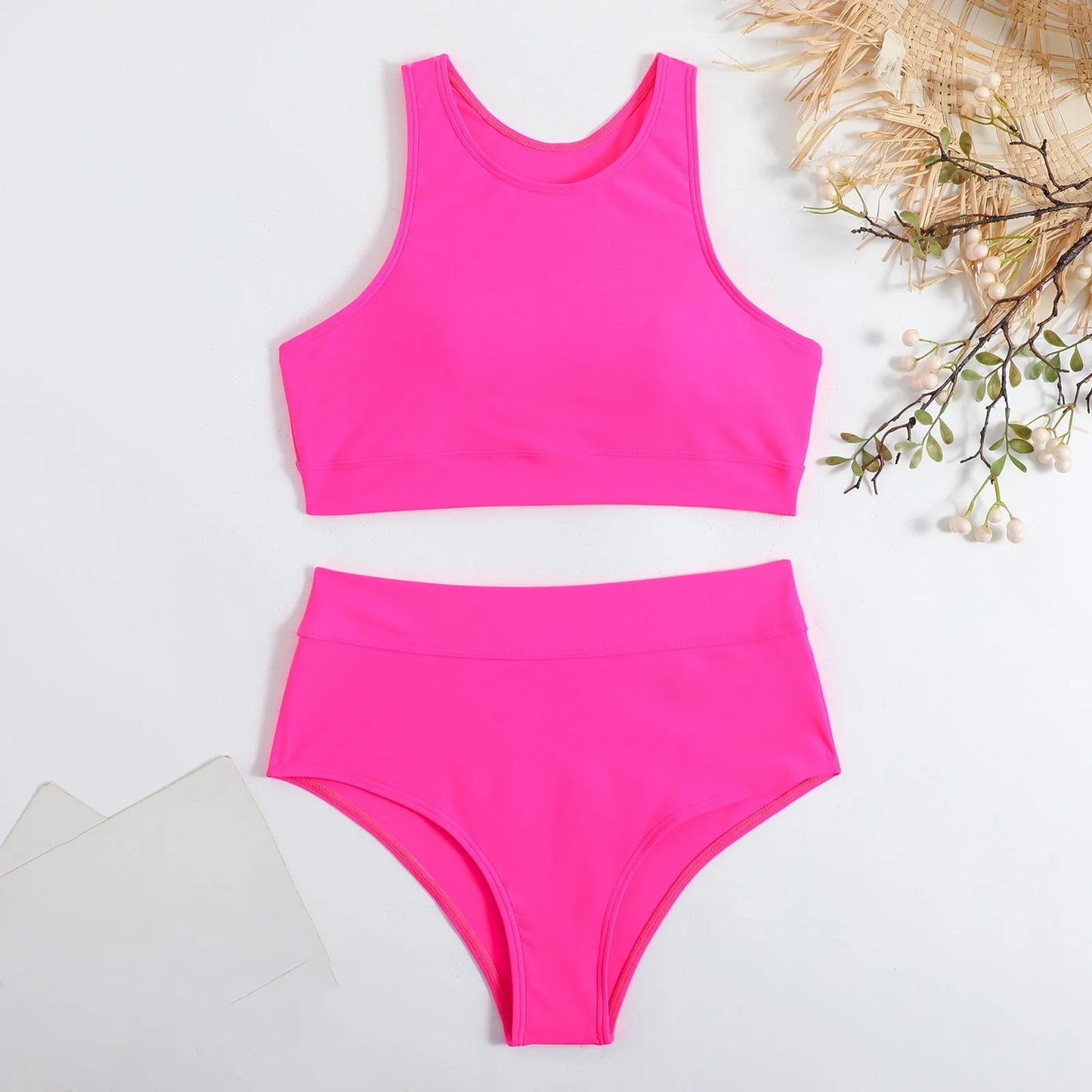 Women'S Solid Color Tank Top Swimsuit Ladies Split High Waist Swimsuit Two-Piece Set Traje De BañO Mujer Biquinis Feminino