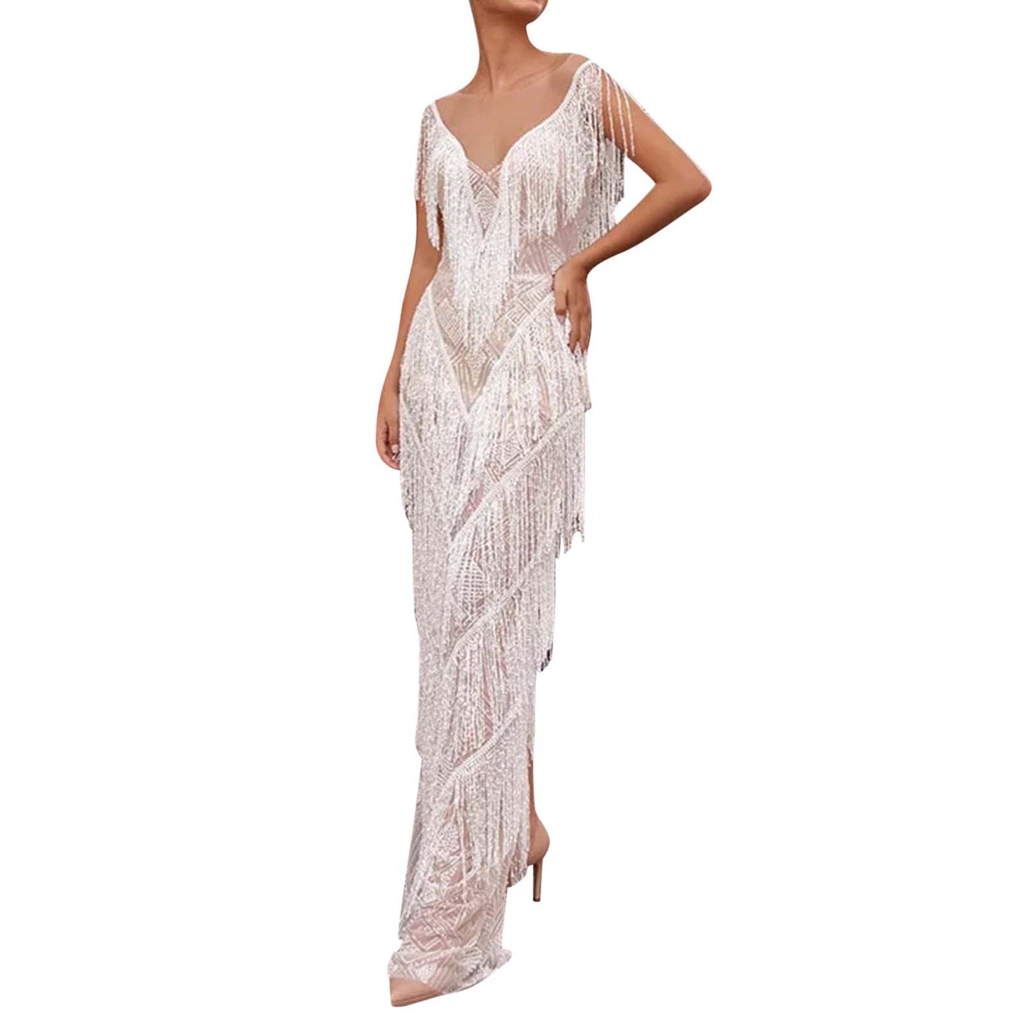 Womens Deep V Midi Fringed Dresses Sleeveless Pencil Party Solid Elegant Sexy Skirt Long Dresses Evening Party Mujer