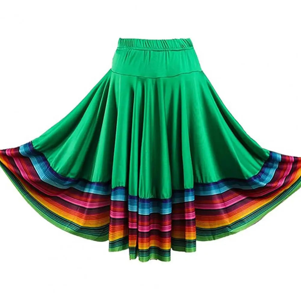 Midi Skirt Ladies Folk Dance Skirt Elastic High Waist Spanish Swing Skirt Rainbow Large Swing Hem Mexican Flamenco Dance Skirts
