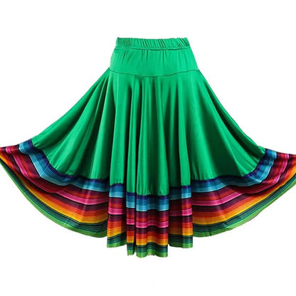Midi Skirt Ladies Folk Dance Skirt Elastic High Waist Spanish Swing Skirt Rainbow Large Swing Hem Mexican Flamenco Dance Skirts