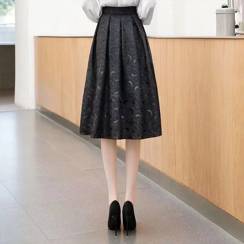 High-End Temperament Jacquard Hollow Out Elastic Waist Irregular Skirts 2023 Vintage All-match A-line Skirt Streetwear Long Skir