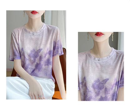 Spring And Summer New Lyocell Short Sleeve Sweater Loose Thin Half Sleeve T-shirt Printed Top